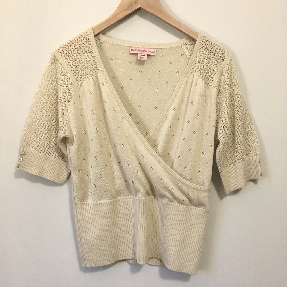 Vintage Y2K Bandolino Cream Pointelle Knit Wrap Top M Coquette Balletcore